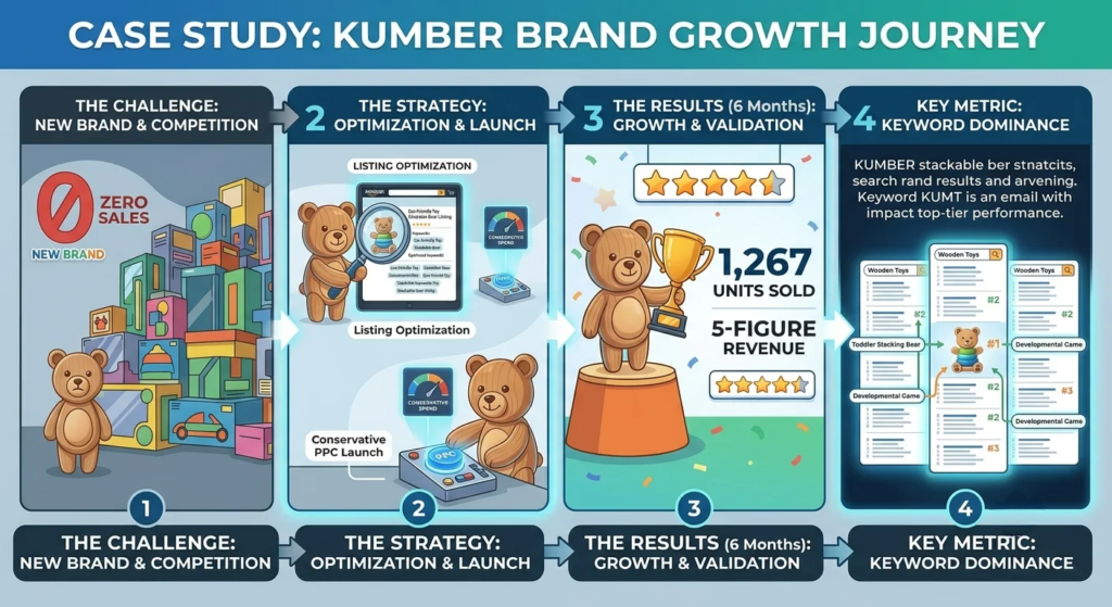 KUMBER Category: Toys & Games Challenge: New brand, zero sales, competitive market Solution: Strategic listing optimization + conservative PPC launch Results: 1,267 units in 6 months, 5 Figure revenue, consistent 4.5+ star rating Key Metric: Ranking #1-3 for 8 primary keywords