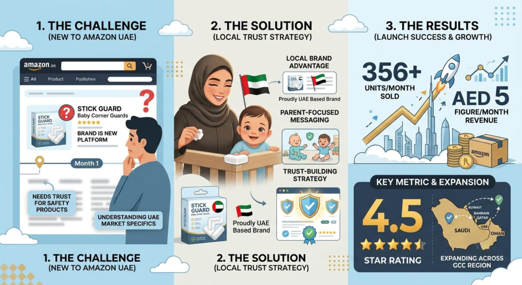 A growth chart infographic showing an arrow expanding across a map of the GCC region, paired with text highlighting a 5-figure monthly AED revenue.