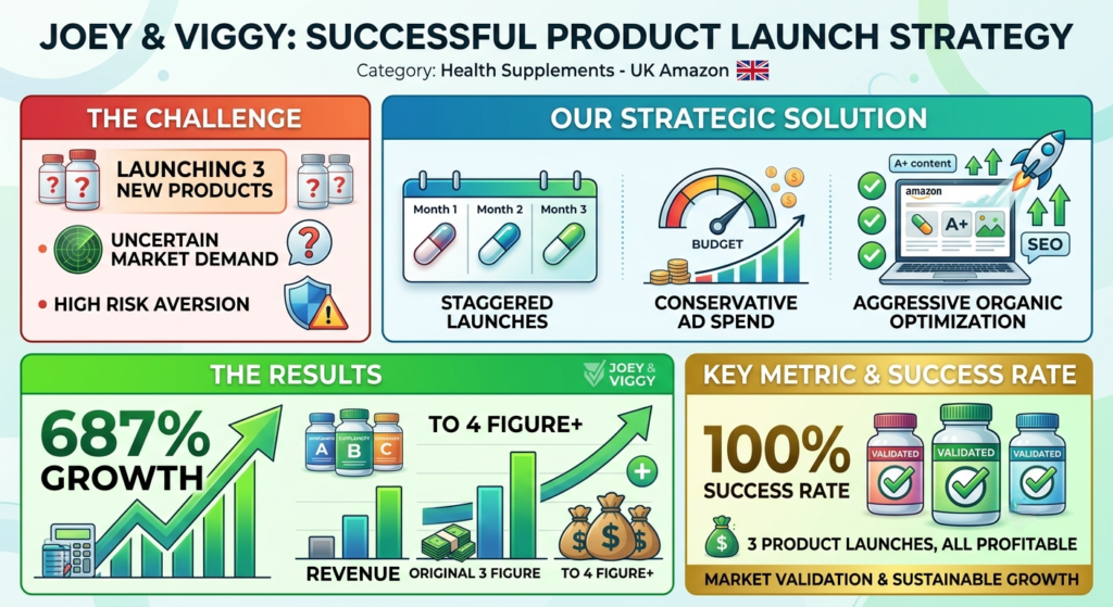 JOEY & VIGGY Category: Health Supplements - UK Amazon Challenge: Launching 3 new products, uncertain demand, risk aversion Solution: Staggered launches, conservative ad spend, aggressive organic optimization Results: 687% growth, 4 Figure+/month from original 3 Figure Key Metric: 3 product launches with 100% success rate, all profitable